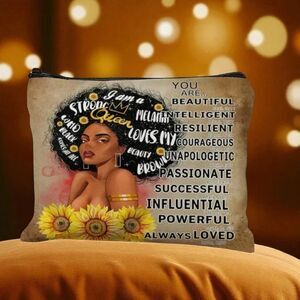 Strong Queen Afrocentric Design Cosmetic Bag with Sunflowers & Empowering Words
